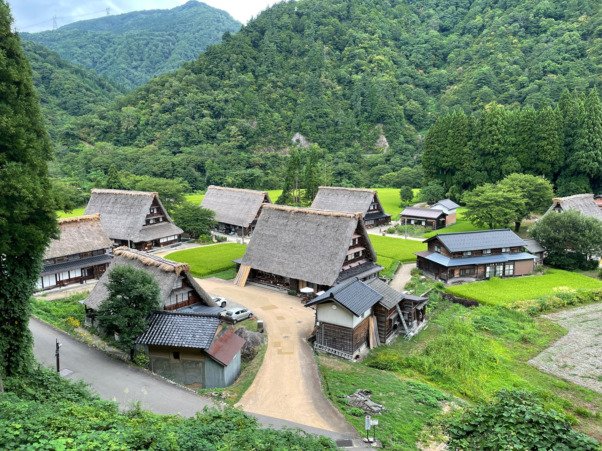 山あいに残る茅葺き屋根の集落と、その周りに広がる田